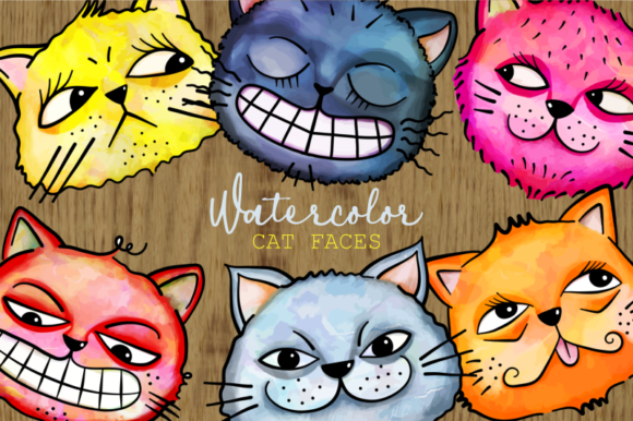 Download Funny Watercolor Cat Face Doodle Clipart - Premium Bundle